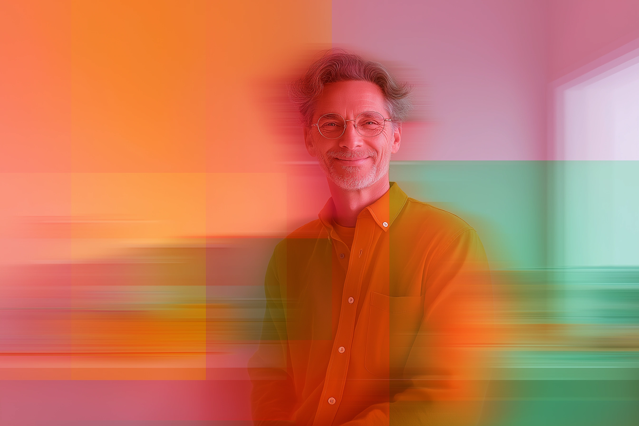 Ein älterer Mann mit grau meliertem Bart blickt in die Kamera (Abbildung mit Farbverlauf und Motion Blur)