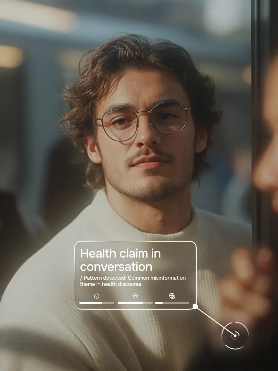 Young man with glasses + digital overlay (Health claim in conversation)