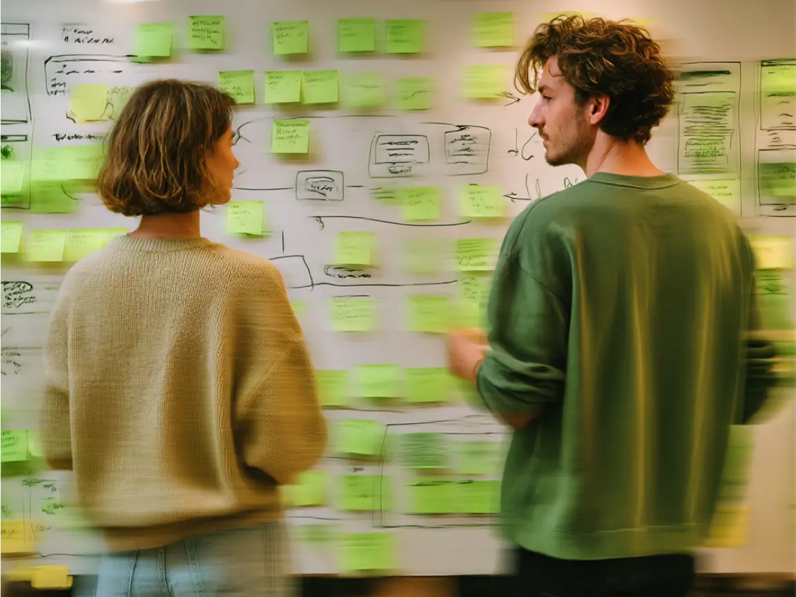 Zwei Personen stehen vor einem Whiteboard mit vielen grünen Haftnotizen und Skizzen und besprechen gemeinsam ein Konzept.