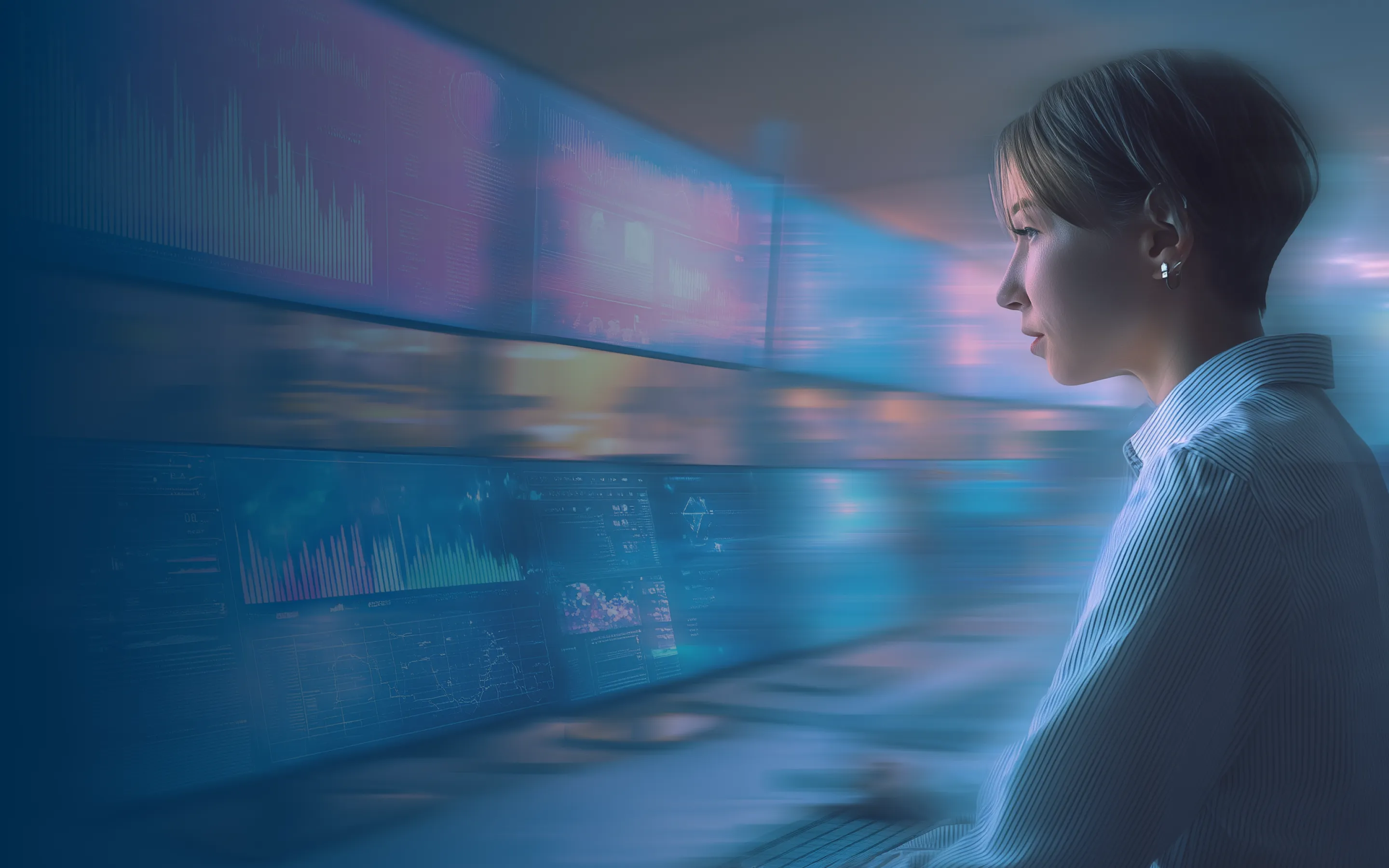 Blue background image with several floating digital elements, including two profile images and text boxes. Blue background image with several floating digital elements, including two profile images and text boxes.