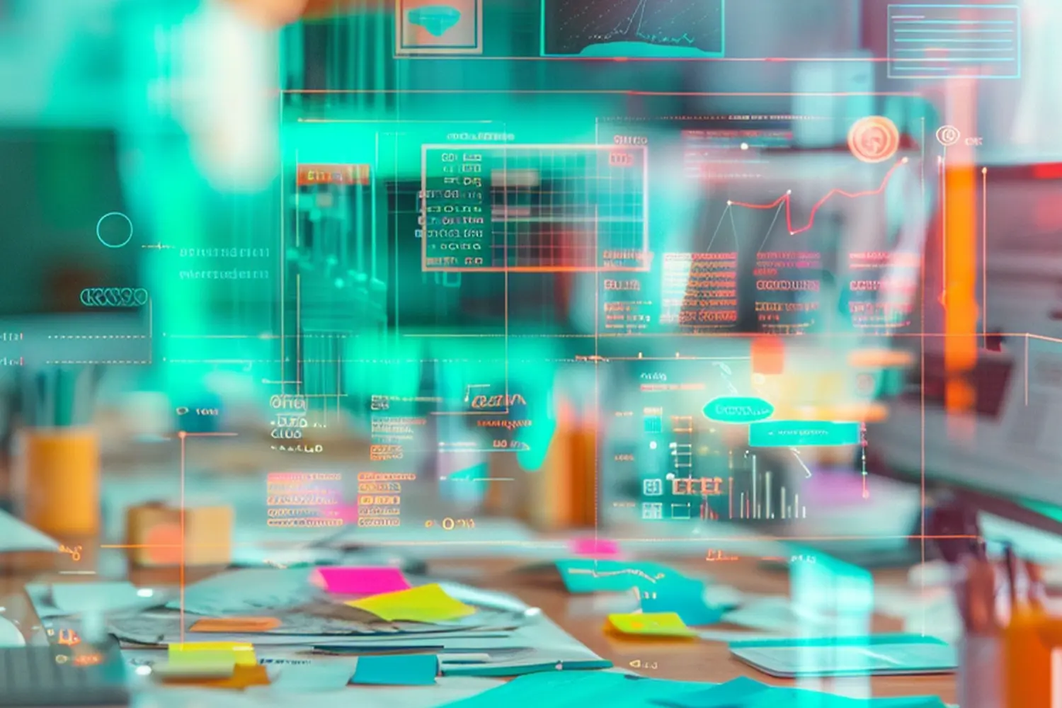 Chaotisches Büro mit digitalem Overlay