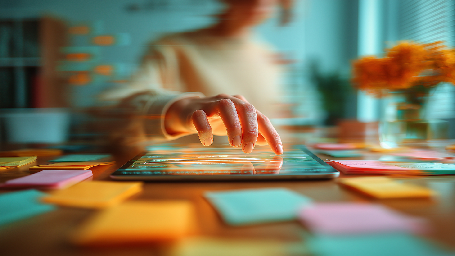 Schreibtisch mit Post-It-Zetteln, Tablet und Person Schreibtisch mit Post-It-Zetteln, Tablet und Person