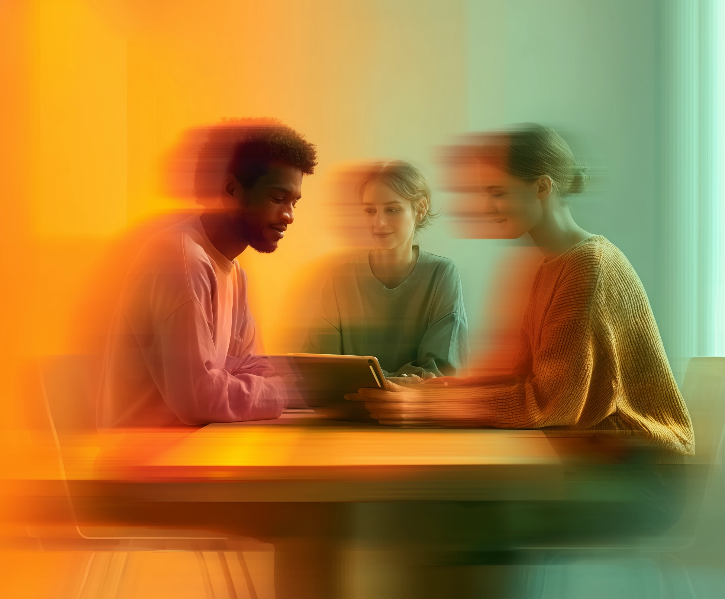 Drei Personen sitzen gemeinsam an einem Tisch und blicken auf ein Tablet (Abbildung mit Farbverlauf und Motion Blur)