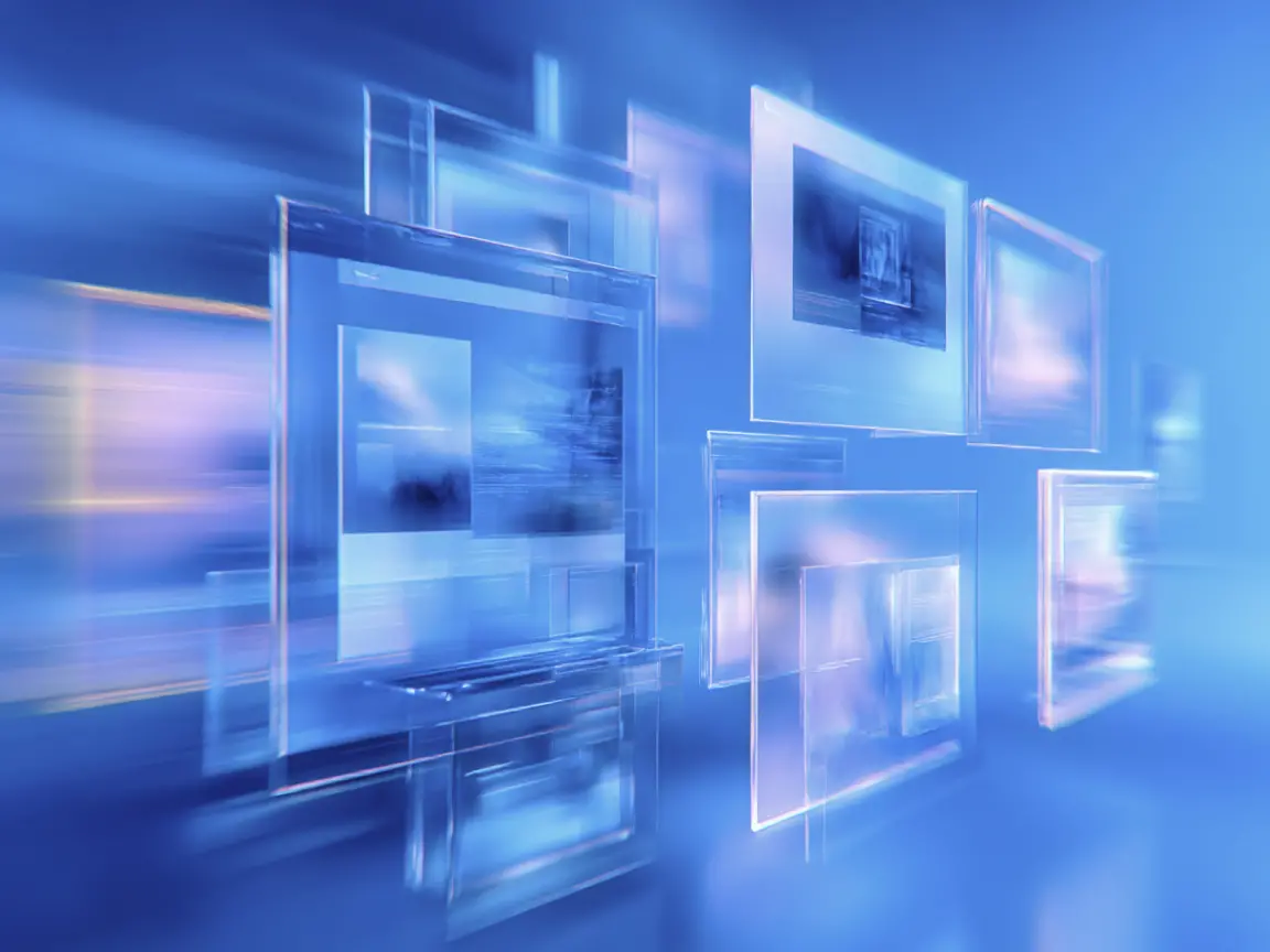Schwebende, transparente Benutzeroberflächen in einem digitalen blauen Raum – Darstellung einer futuristischen Datenumgebung oder virtuellen Benutzeroberfläche.