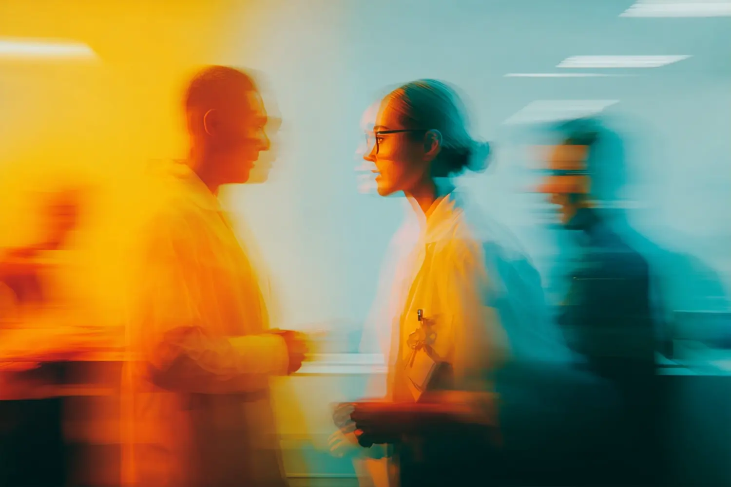 Zwei Ärzt:innen stehen sich gegenüber und blicken sich an, eine Seite gelb, die andere blau