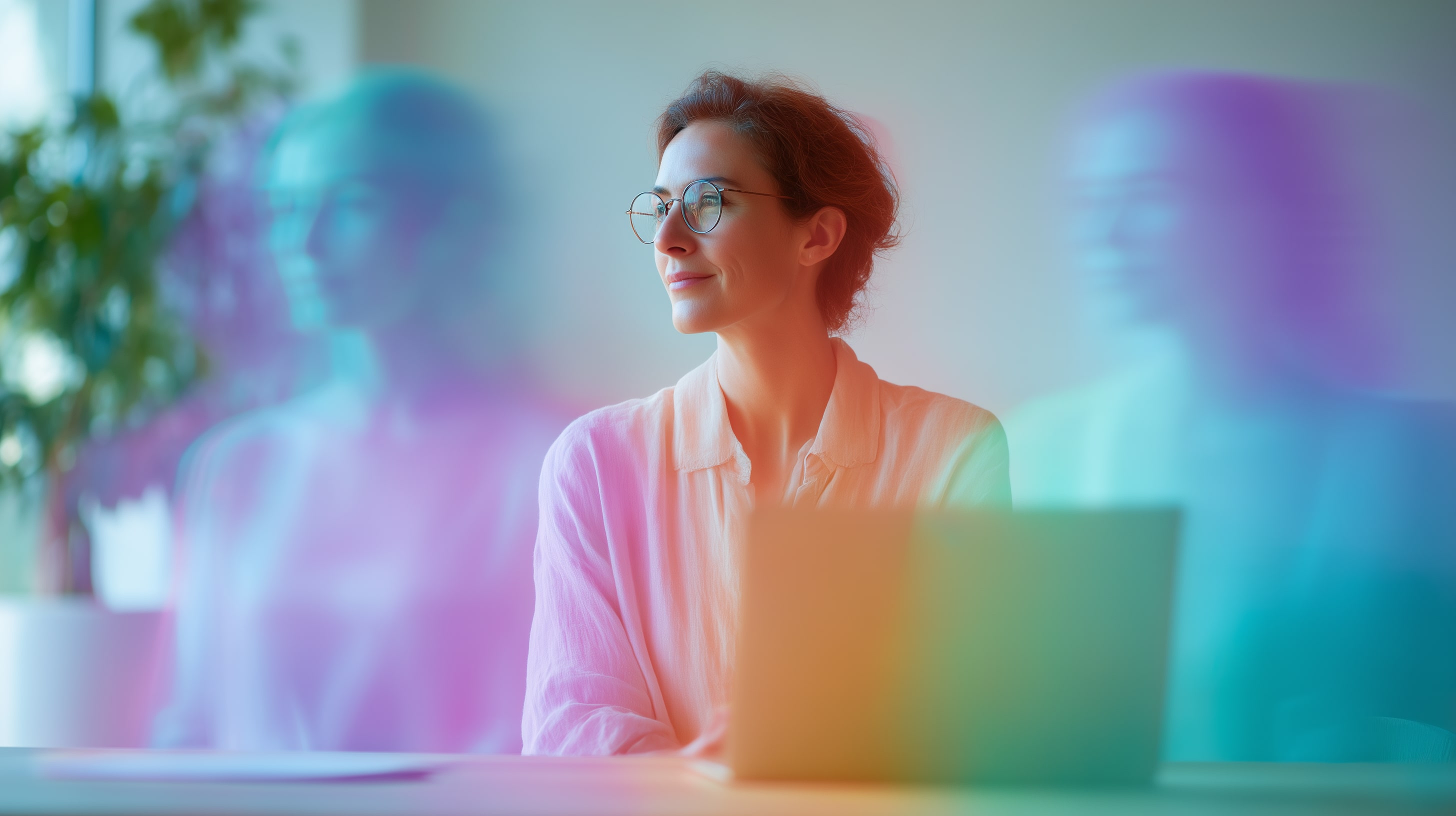 Eine Frau hört zu, während sie von zwei digitalen Avataren flankiert wird