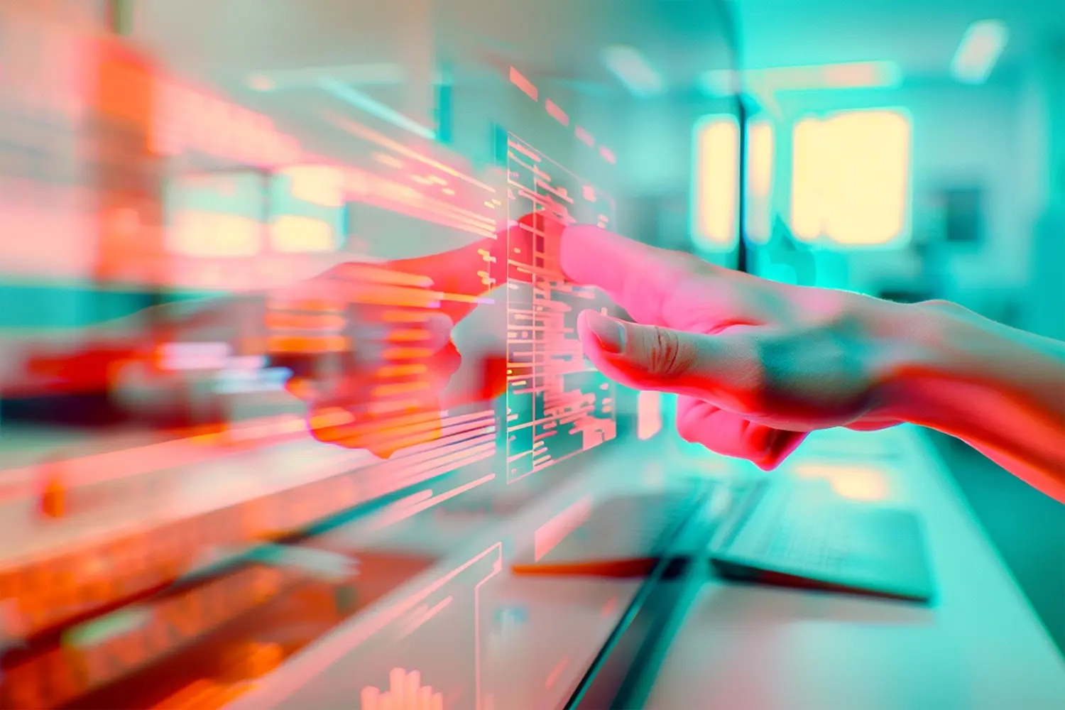 Hand, die über einen Bildschirm wischt (Darstellung mit künstlerischem Farbverlauf)