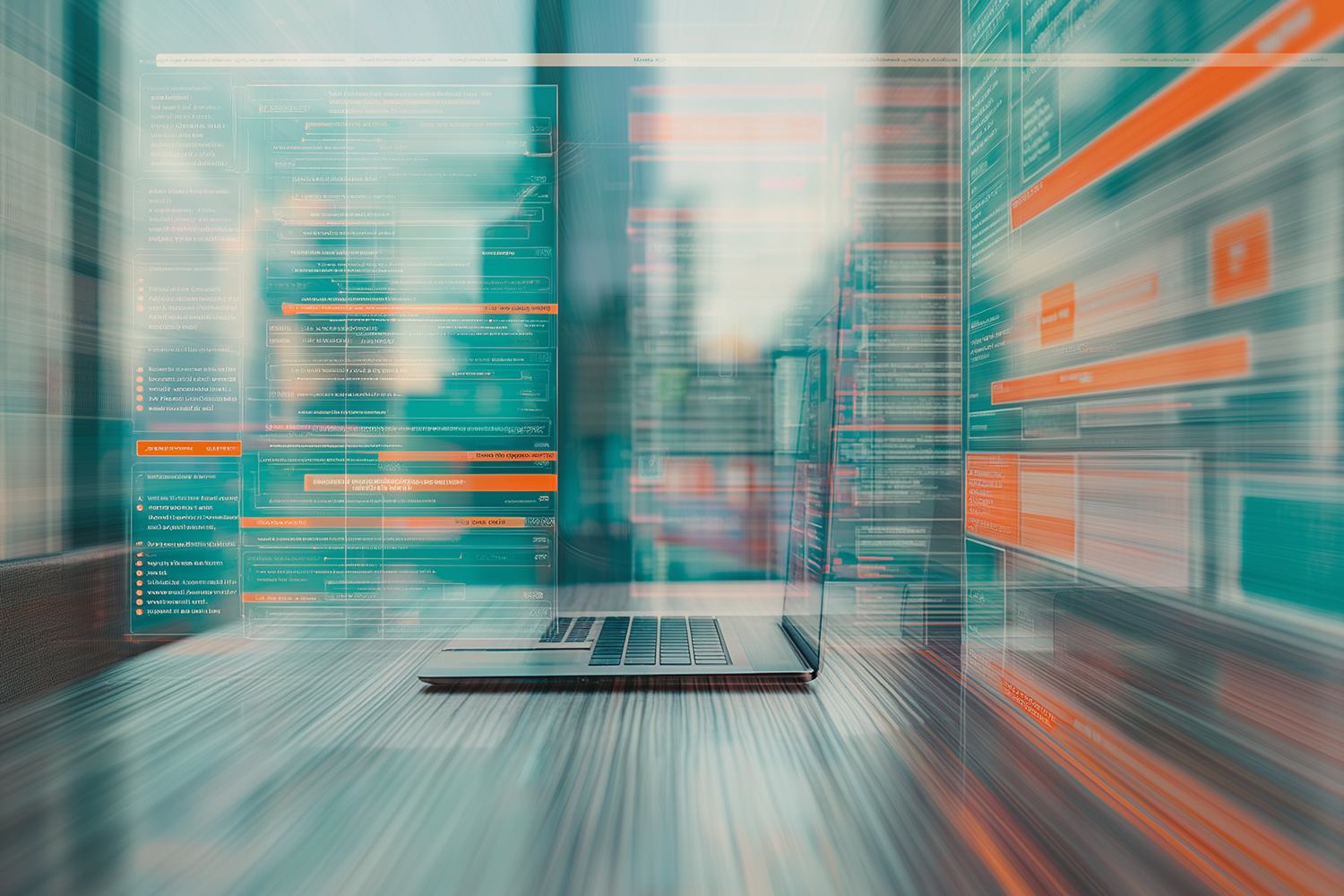 Ein Laptop steht auf einem Tisch, während Code-Schnippsel um ihn herumwehen