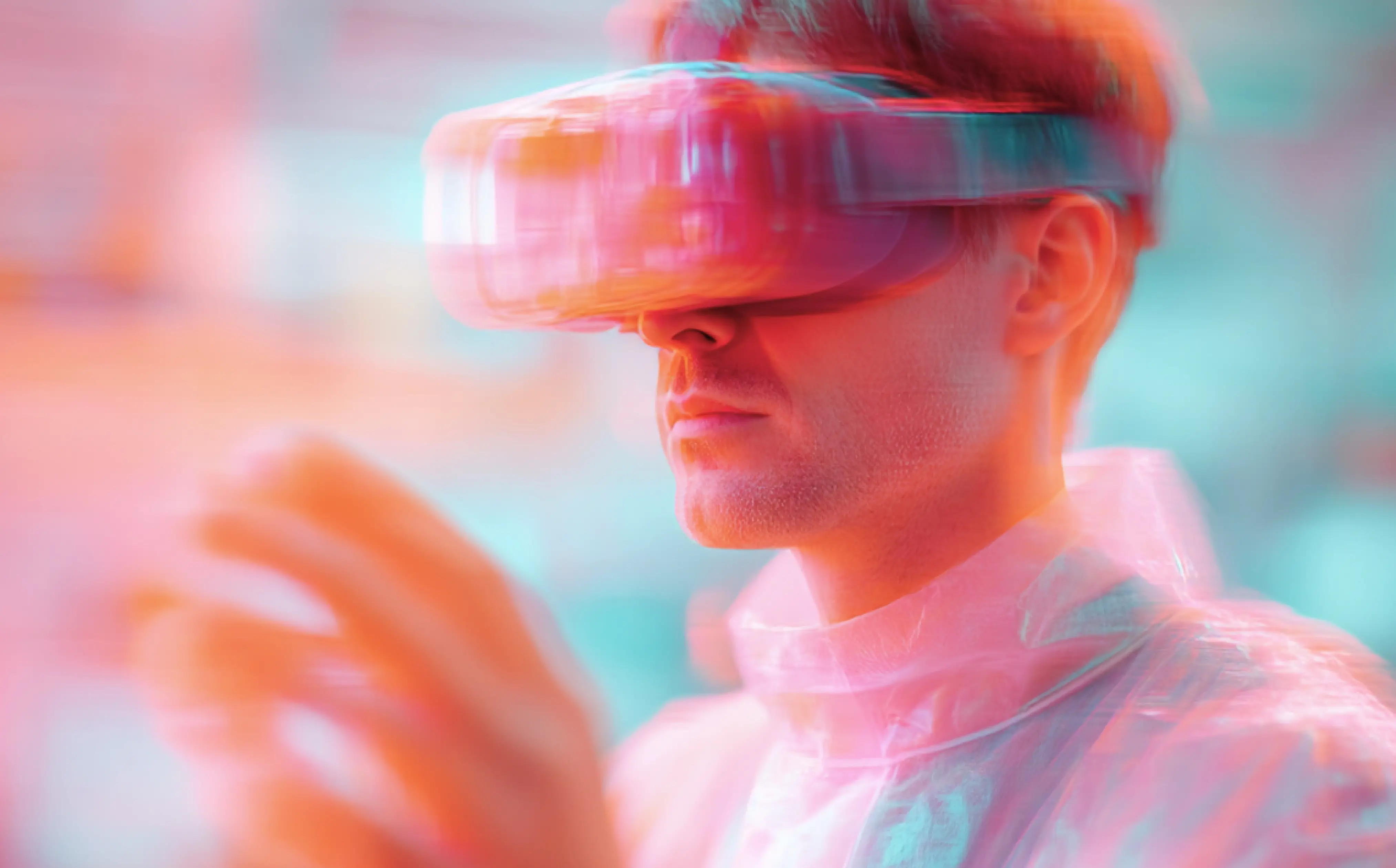 Mann mit weißer Sportjacke interagiert mit VR-Headset (Abbildung mit Farberlauf und Motion Blur)