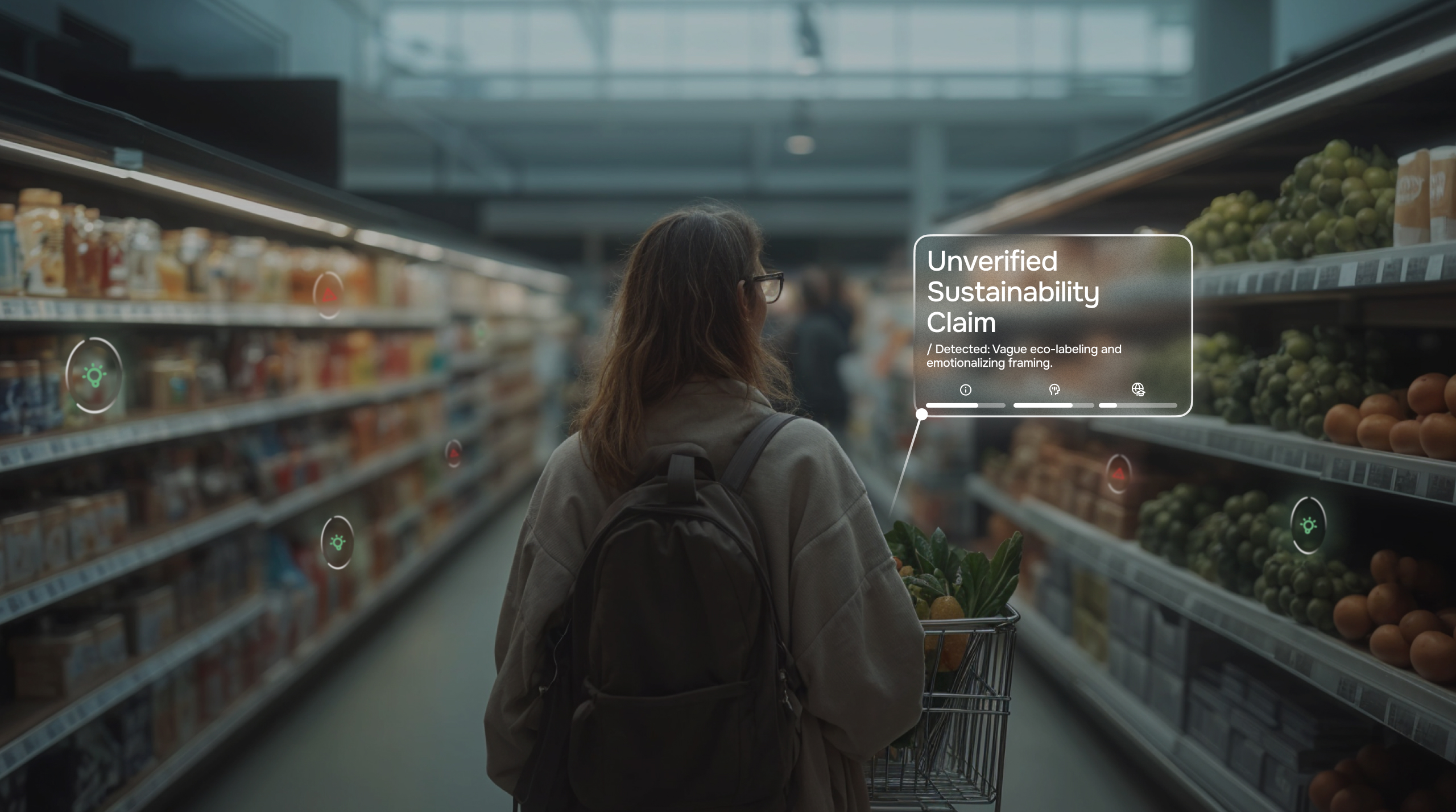 Young woman is shopping in a super market with a digital overlay (Unverified sustainability claim)
