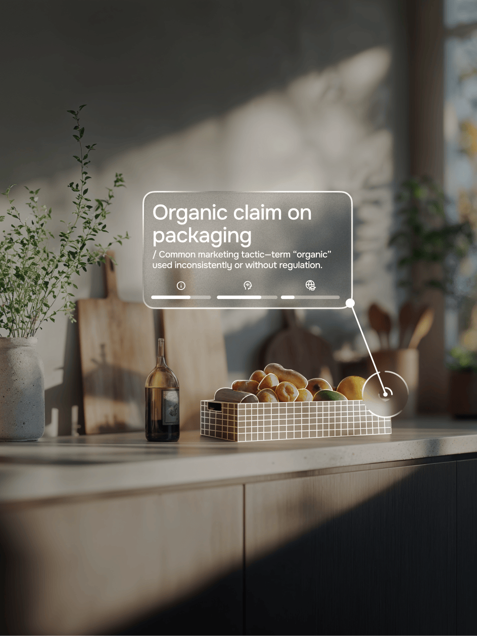 Photo of a kitchen + digital overlay (organic claim on packaging)