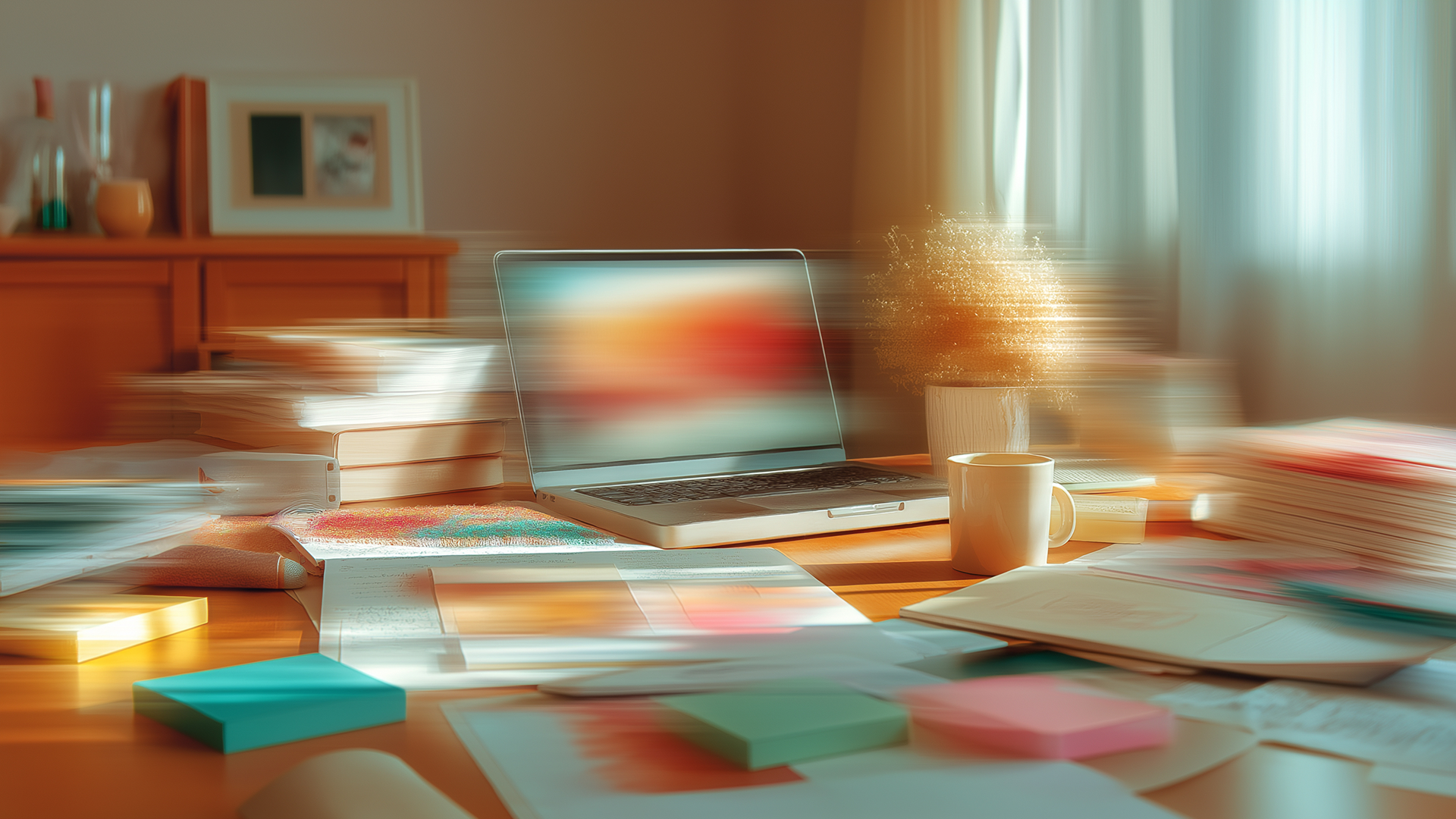Ein voller Schreibtisch mit Innovations-Dokumenten, einem Laptop und Büchern – verzerrt durch Bewegungsunschärfe Ein voller Schreibtisch mit Innovations-Dokumenten, einem Laptop und Büchern – verzerrt durch Bewegungsunschärfe