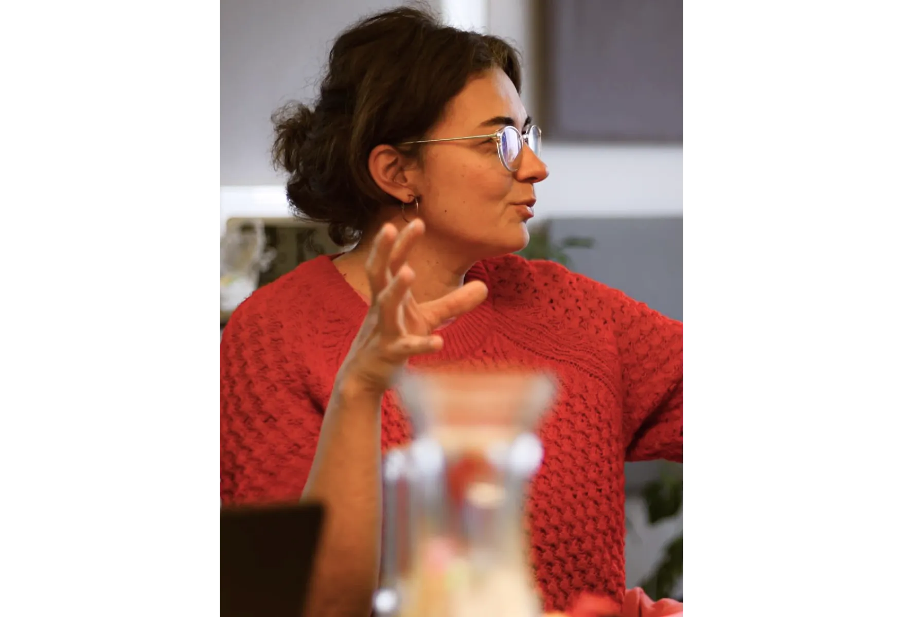 Person mit Brille und rotem Strickpullover spricht und gestikuliert lebhaft, seitlich aufgenommen in einem Raum mit entspannter Atmosphäre.