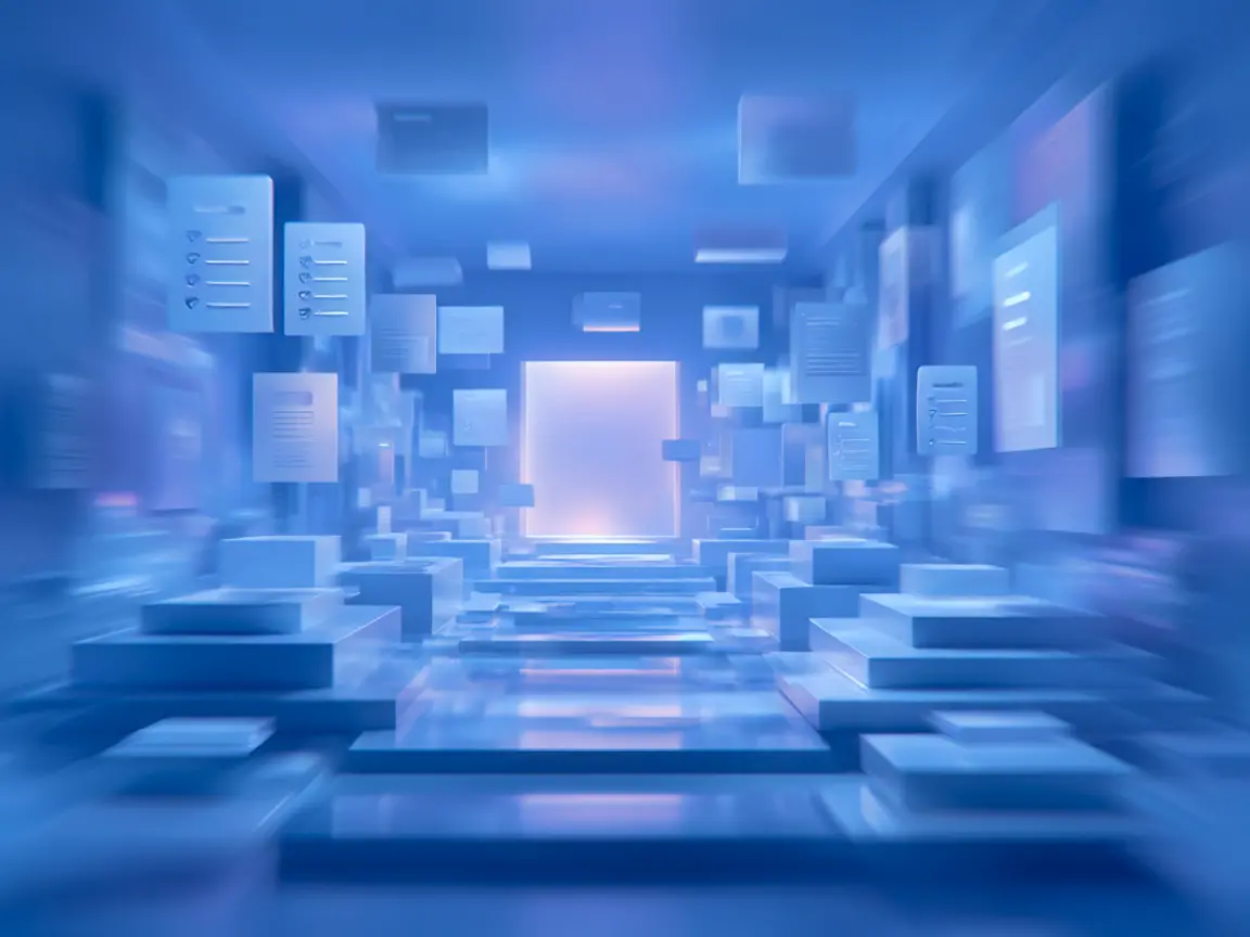 Digitale Datenlandschaft mit schwebenden Dokumenten und Symbolen in einem futuristisch beleuchteten, blauen Raum – Darstellung eines virtuellen Informationsraums oder Datenportals.