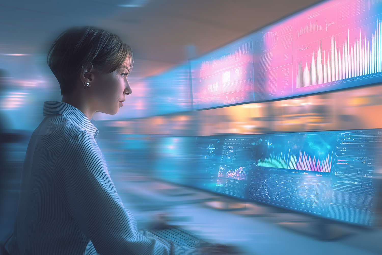 Eine junge Frau im Profil blickt auf Graphen auf Monitoren und betreibt digitales Prototyping mit KI. (Darstellung mit Motion Blur)
