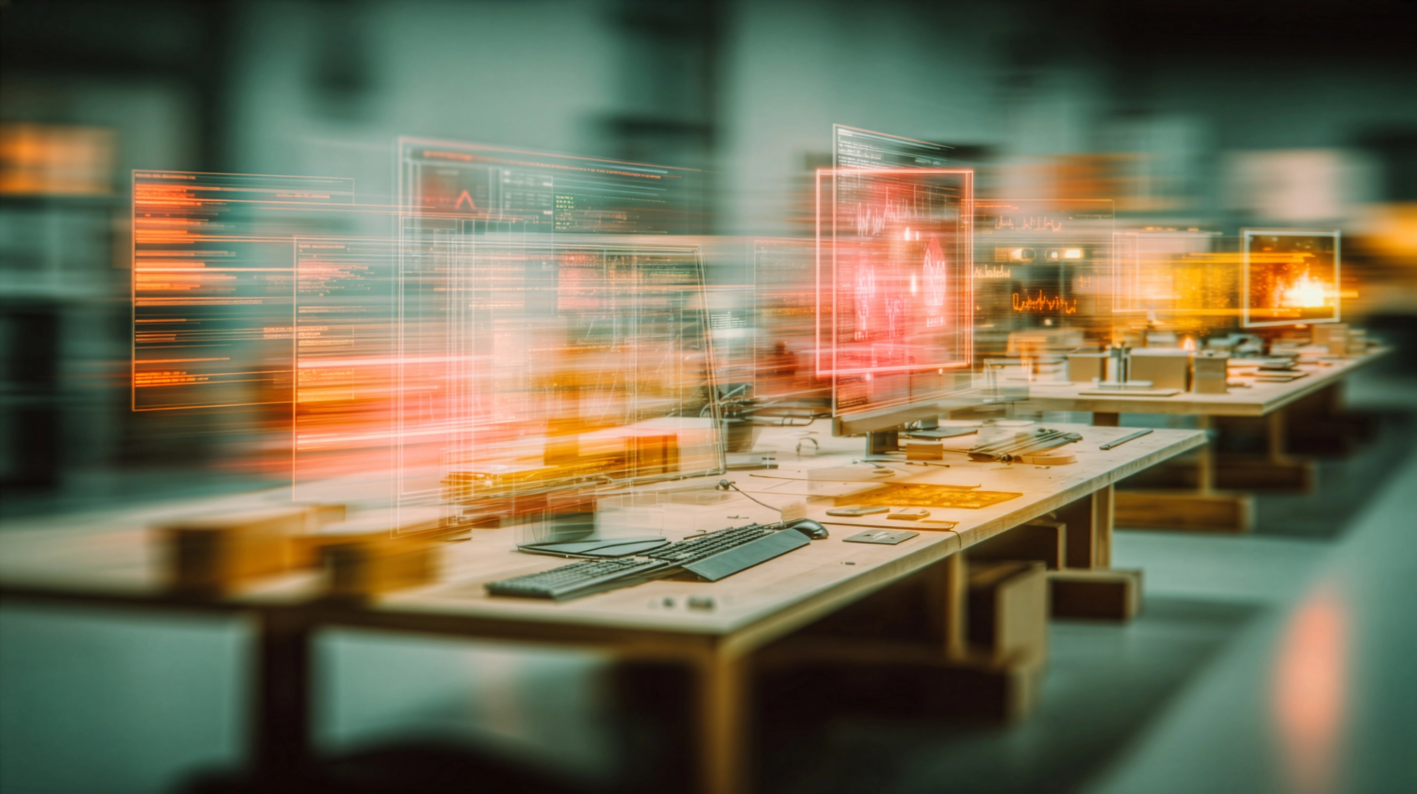 Labor mit vollen Tischen und Bewegungsunschärfe