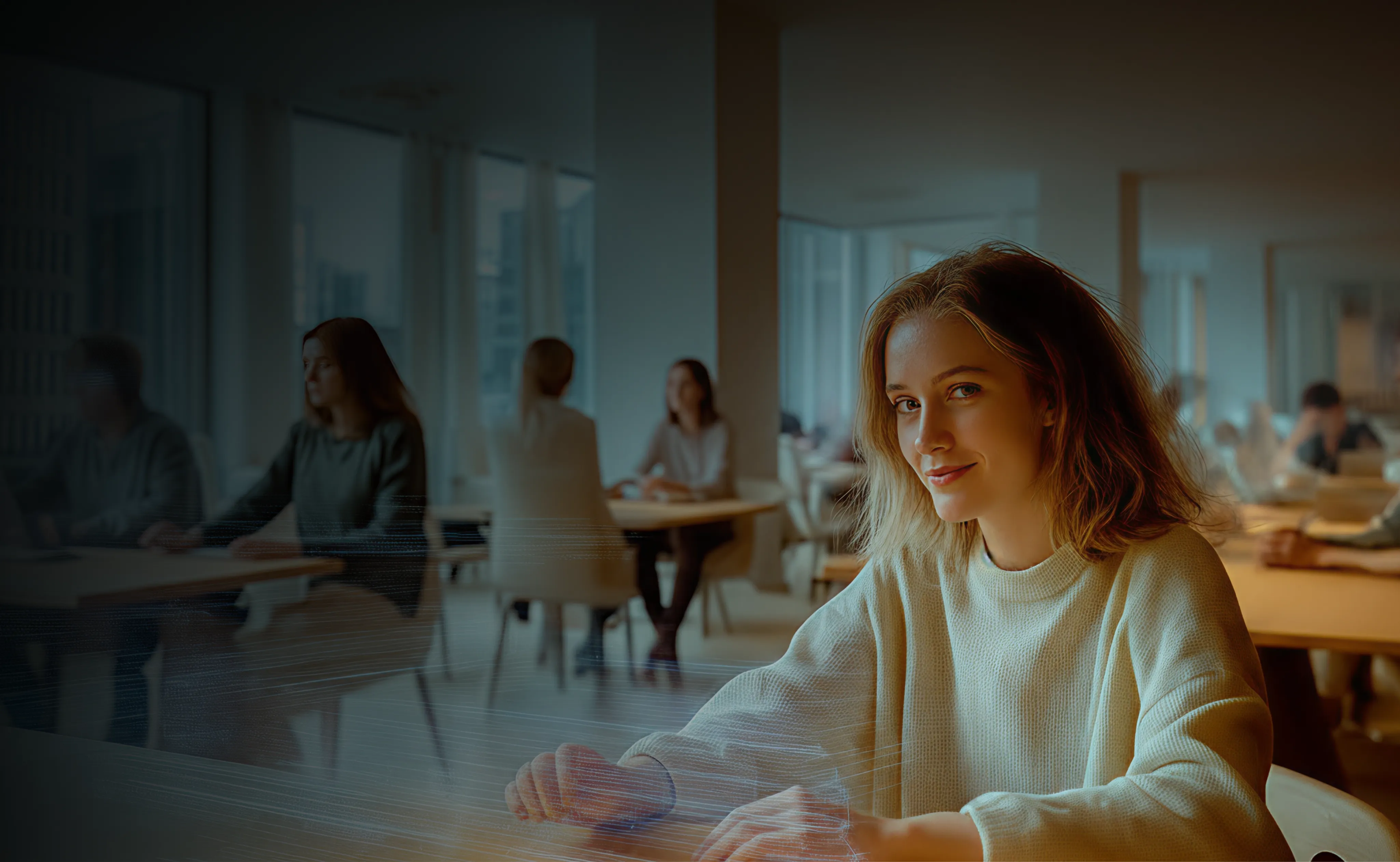 Frau sitz mit VR Brille an einem Tisch in einem Raum mit anderen Menschen. Frau sitz mit VR Brille an einem Tisch in einem Raum mit anderen Menschen.