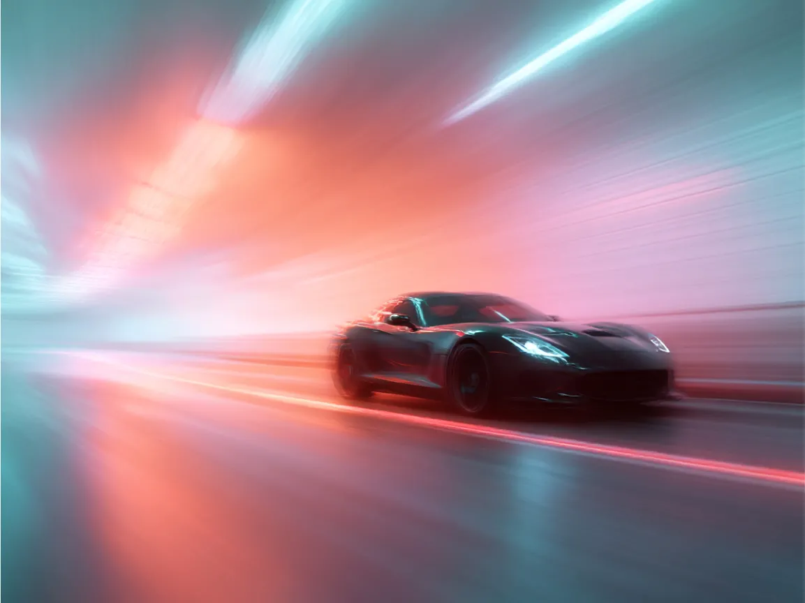 Schwarzer Sportwagen fährt mit hoher Geschwindigkeit durch einen futuristisch beleuchteten Tunnel in Blau- und Rottönen – Sinnbild für Innovation, Dynamik und technologische Power.