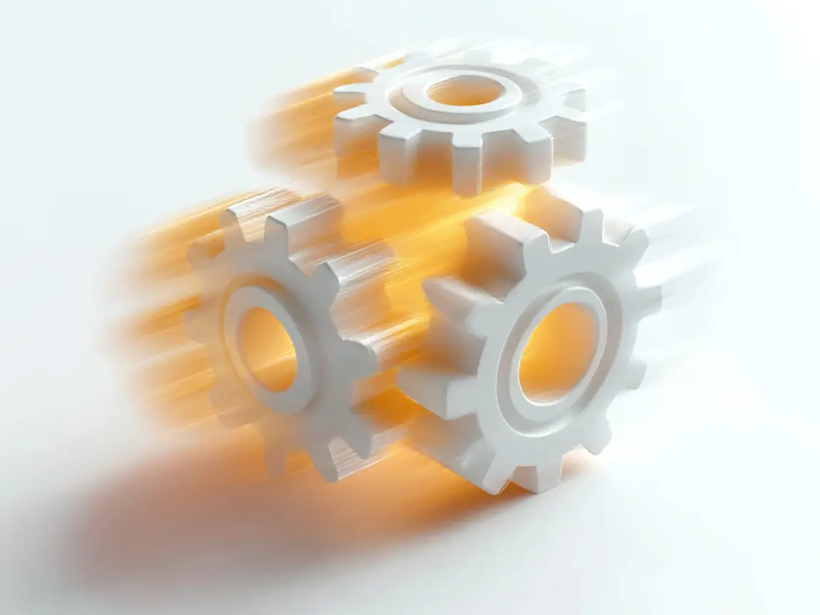 Drei weiße Zahnräder in Bewegung mit orangem Lichteffekt, die eine dynamische Mechanik oder Zusammenarbeit symbolisieren.
