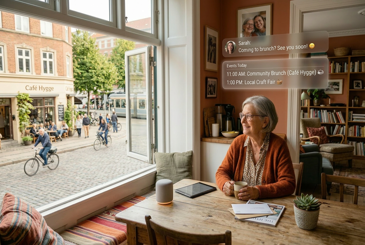 Eine Seniorin sitzt am Fenster ihrer Wohnung und blickt auf eine belebte Straße, über ihrem Kopf ist ein Chatverlauf zu sehen.