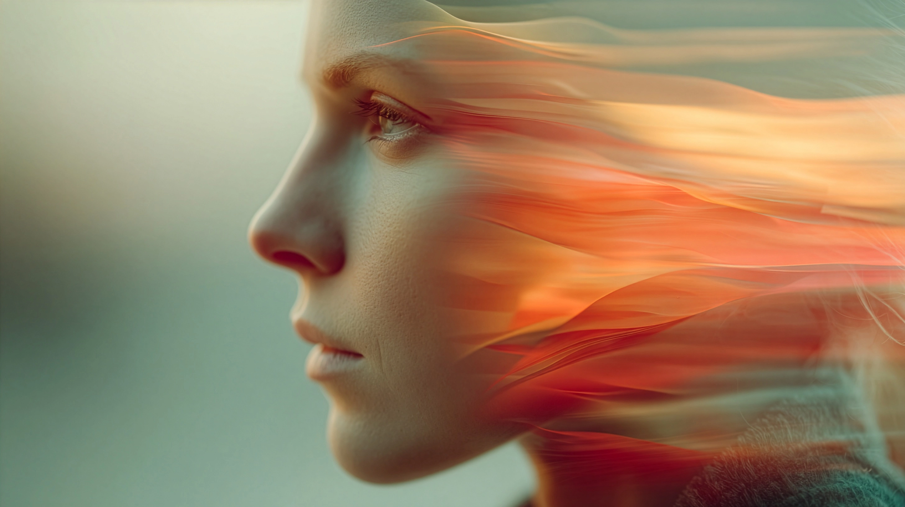 Gesicht einer jungen Frau im Profil mit angedeuteter Geschwindigkeit