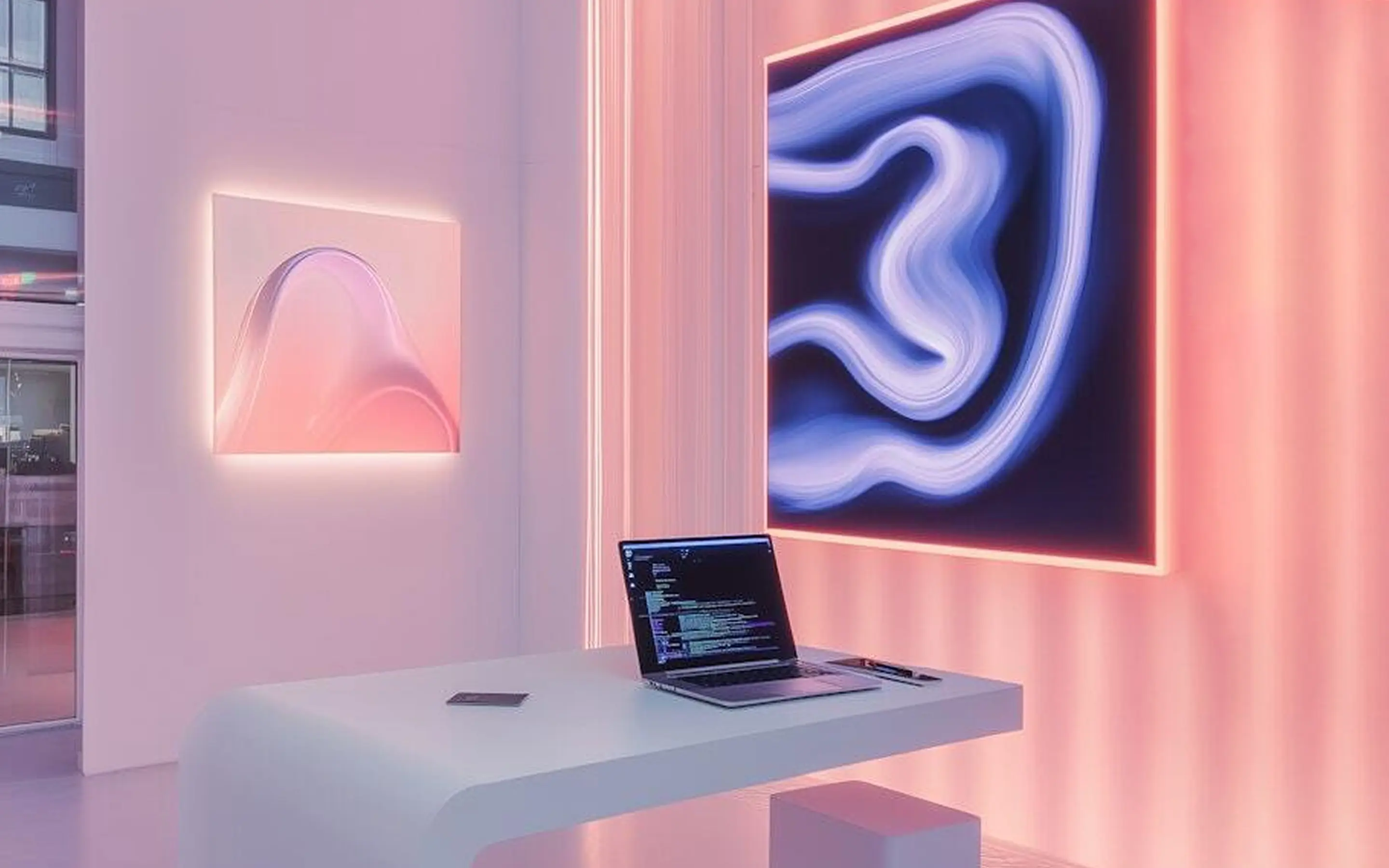 Ein futuristisch anmutendes Büro mit einem aufgeklappten Laptop und einem abstrakten Bild an der Wand