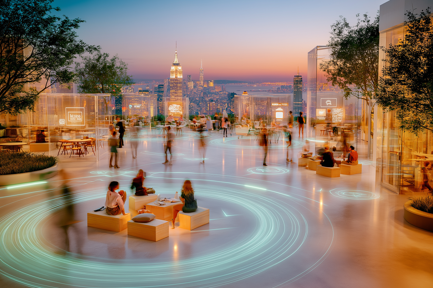 Eine Nachtszene einer Dachterrasse mit Überblick über eine Großstadt