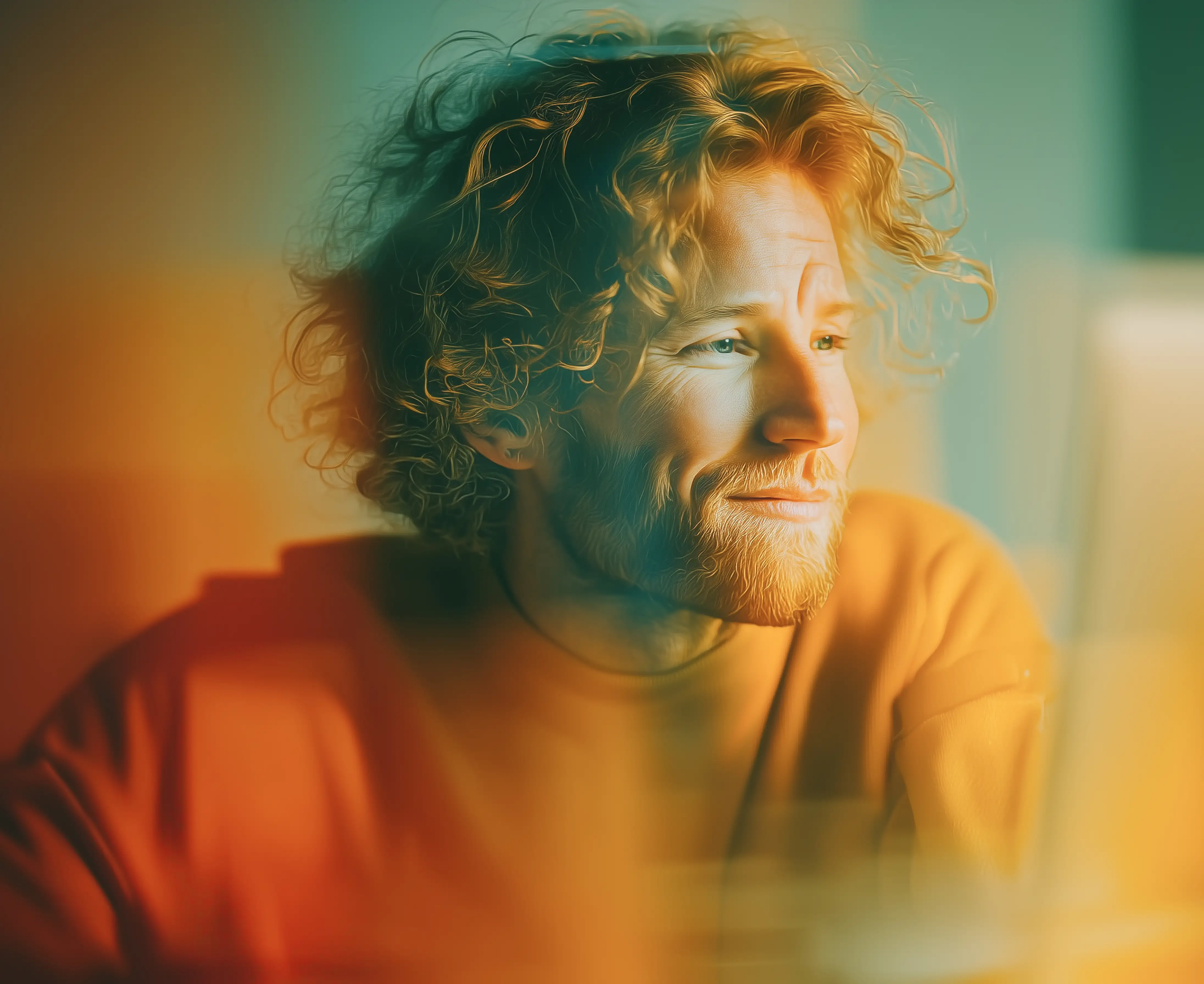 Mann sitzt vor Rechner und schaut lachend