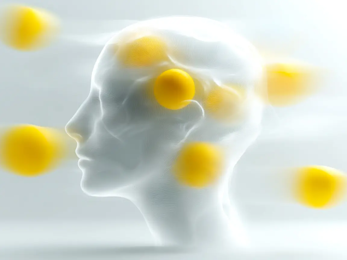 Abstraktes 3D-Modell eines menschlichen Kopfes aus weißem Netzgewebe, durchzogen von schwebenden gelben Kugeln, die den Eindruck fließender Gedanken oder neuronaler Aktivität erzeugen.