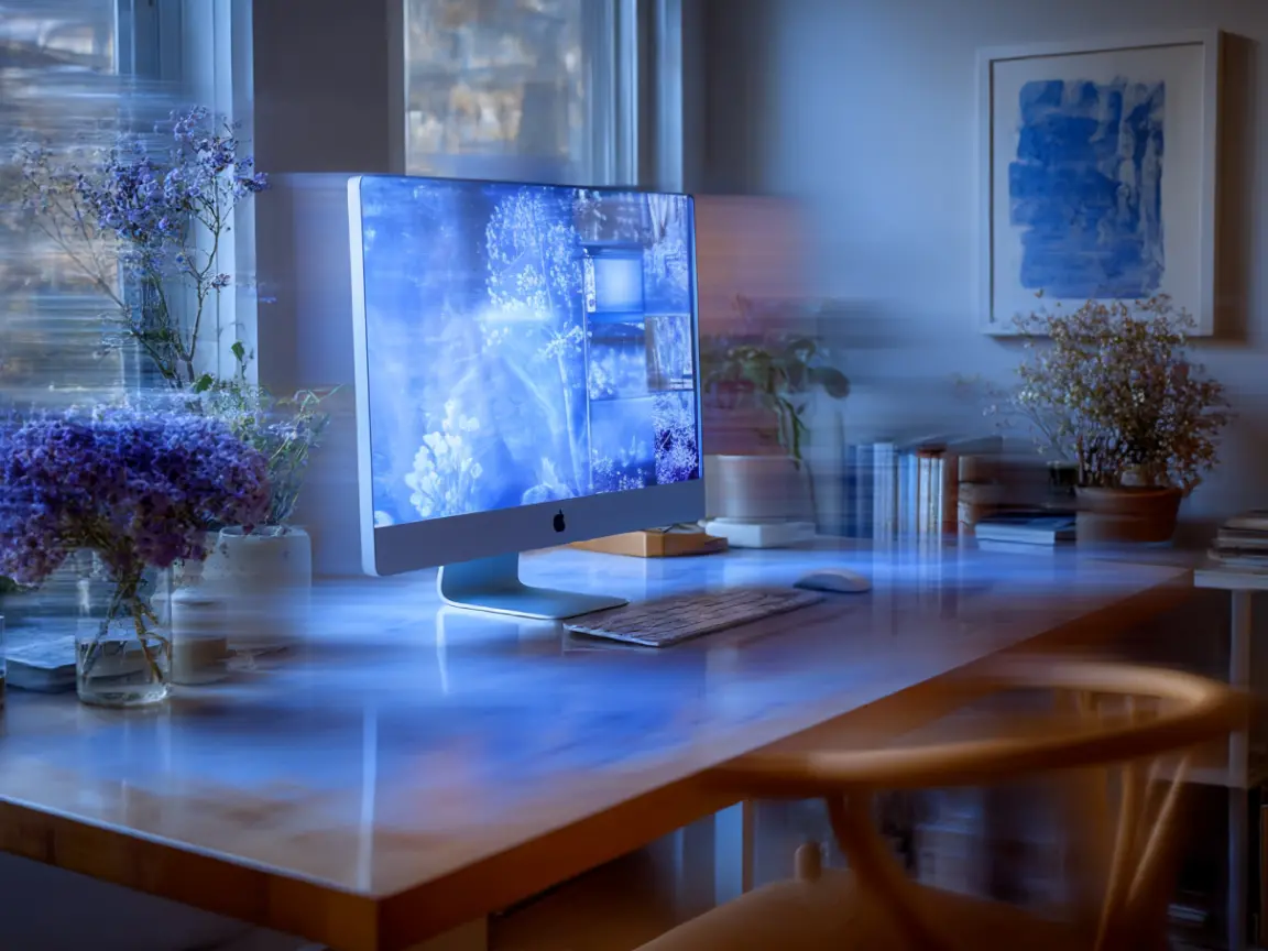 Modern eingerichteter Schreibtisch mit großem Monitor, Blumenvasen und Bücherstapel in einem hellen Raum, durchzogen von digitalem Bewegungseffekt.