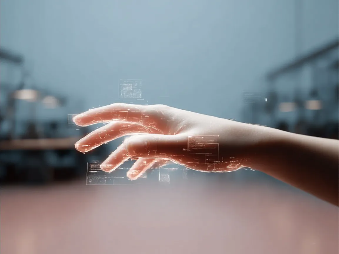 Digitale menschliche Hand mit leuchtenden Linien und Daten-Overlays vor unscharfem Raumhintergrund, Symbol für Mensch-Maschine-Interaktion oder Zukunftstechnologie.