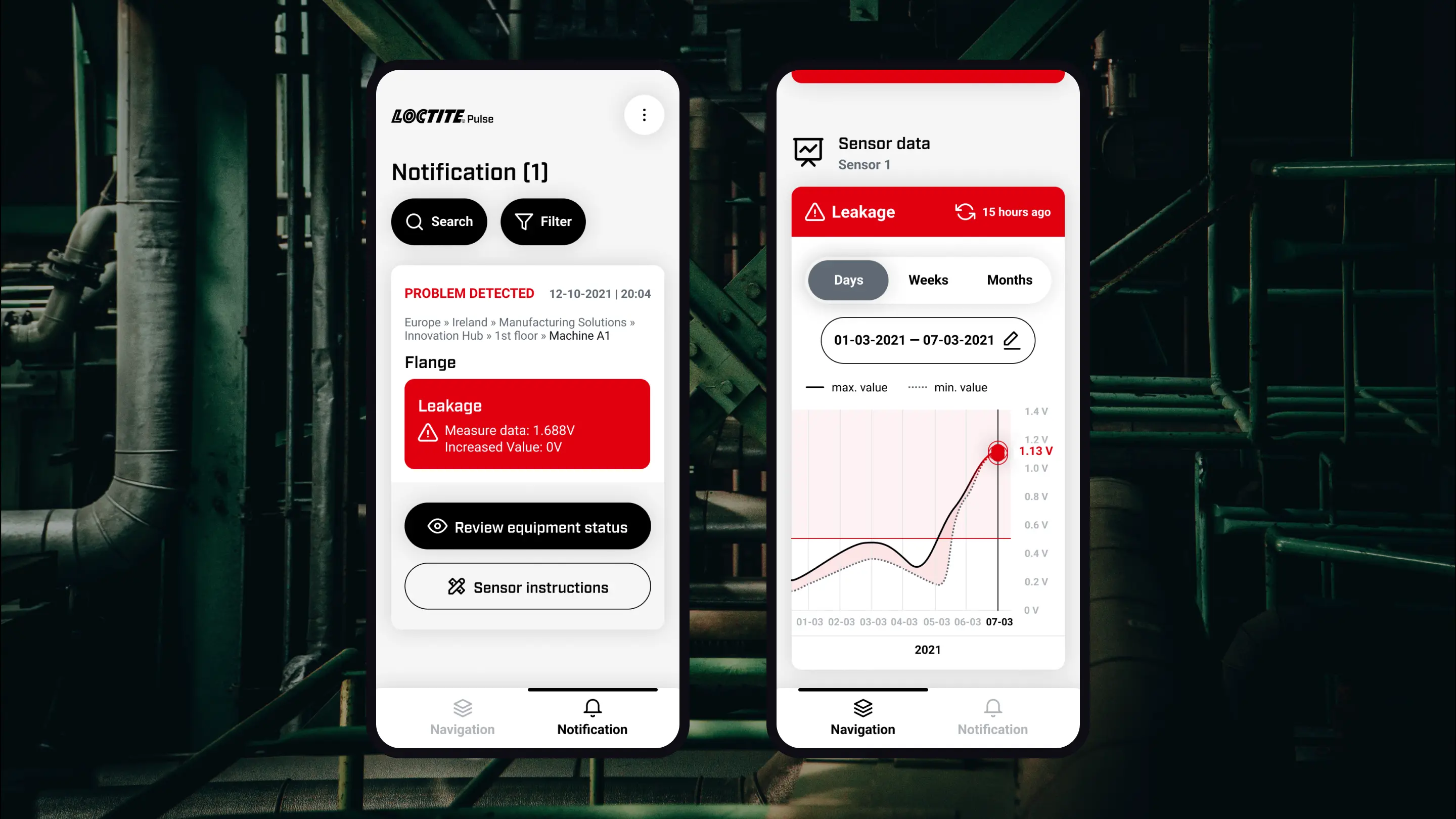 The LOCTITE Pulse mobile app for monitoring industrial plants.