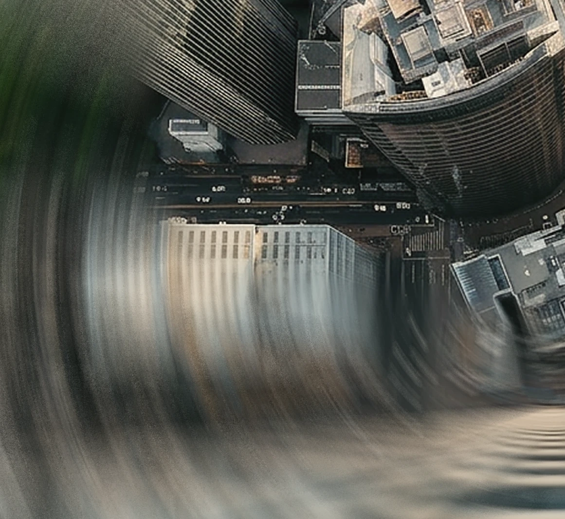 Blick aus der Vogelperspektive in eine Häuserschlucht, mit Motion Blur