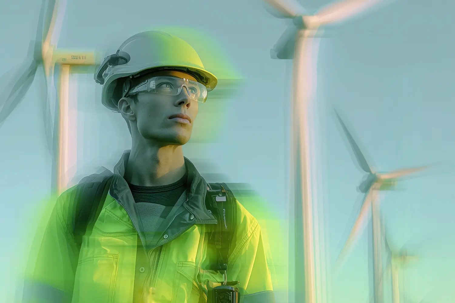 Mann mit Sicherheitskleidung vor einem Windpark. Mann mit Sicherheitskleidung vor einem Windpark.