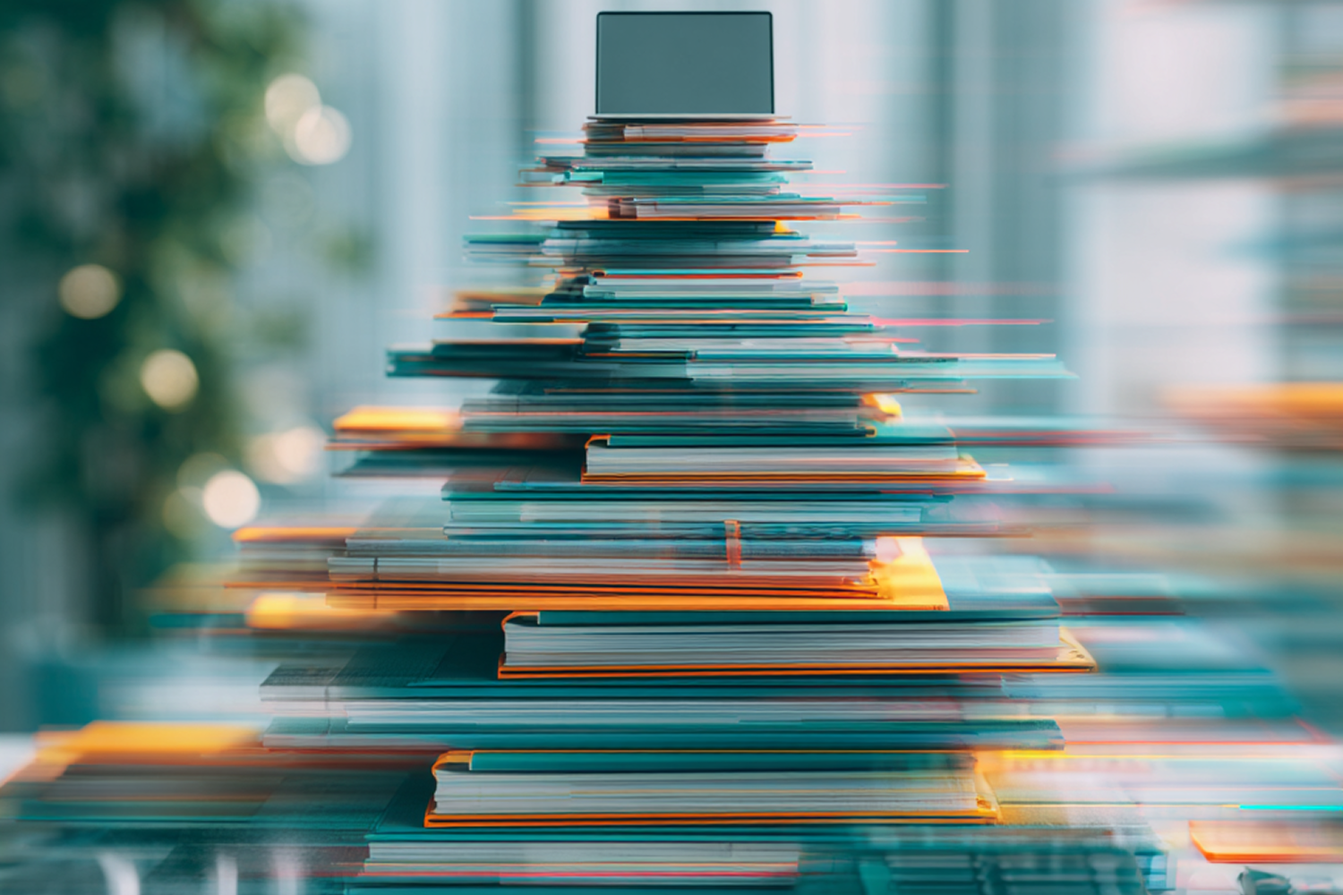 Ein Stapel mit Dokumenten, an dessen Spitze eine Box steht.