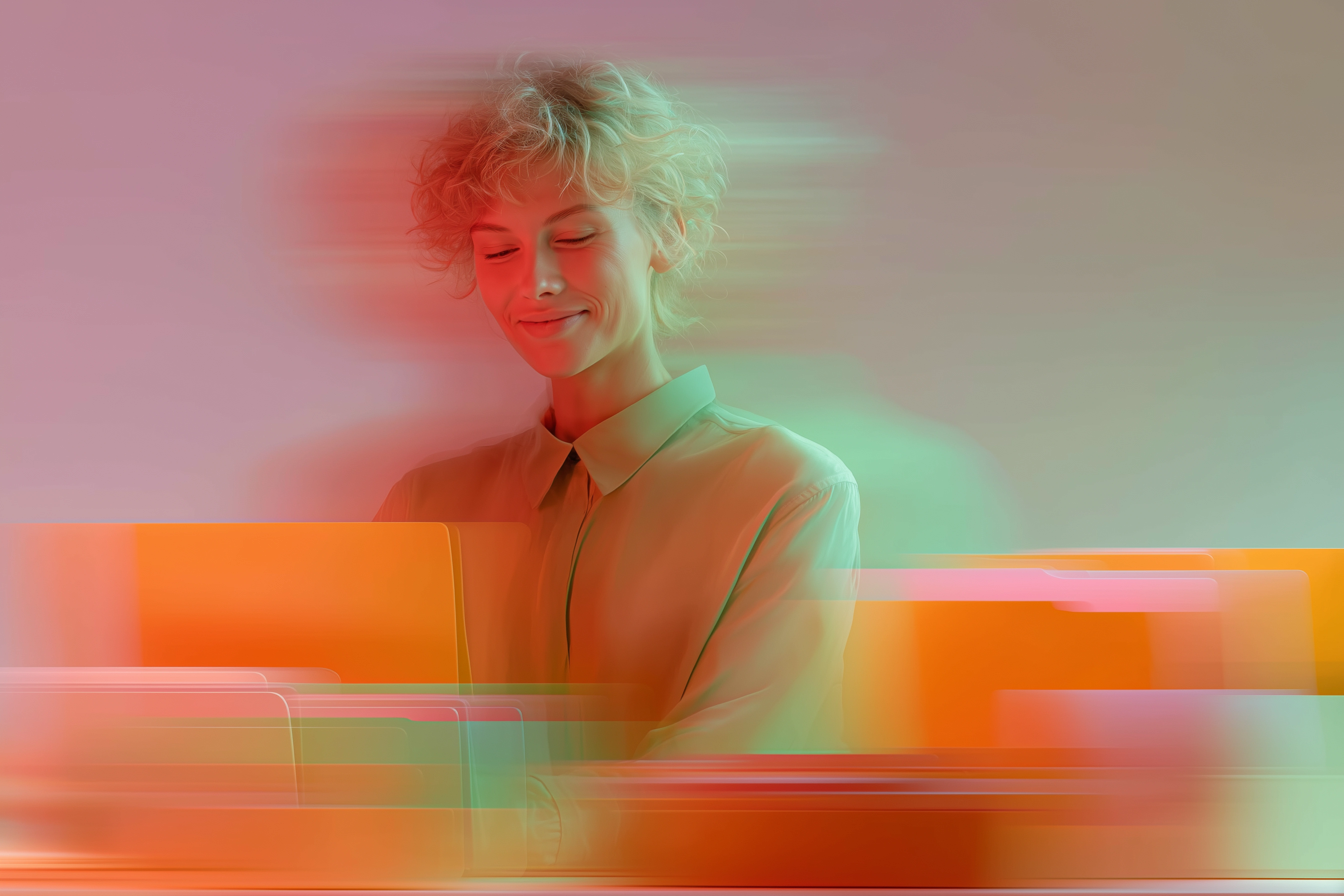 Frau lächelt und sitzt an einem stilisierten Schreibtisch (mit Motion Blur)