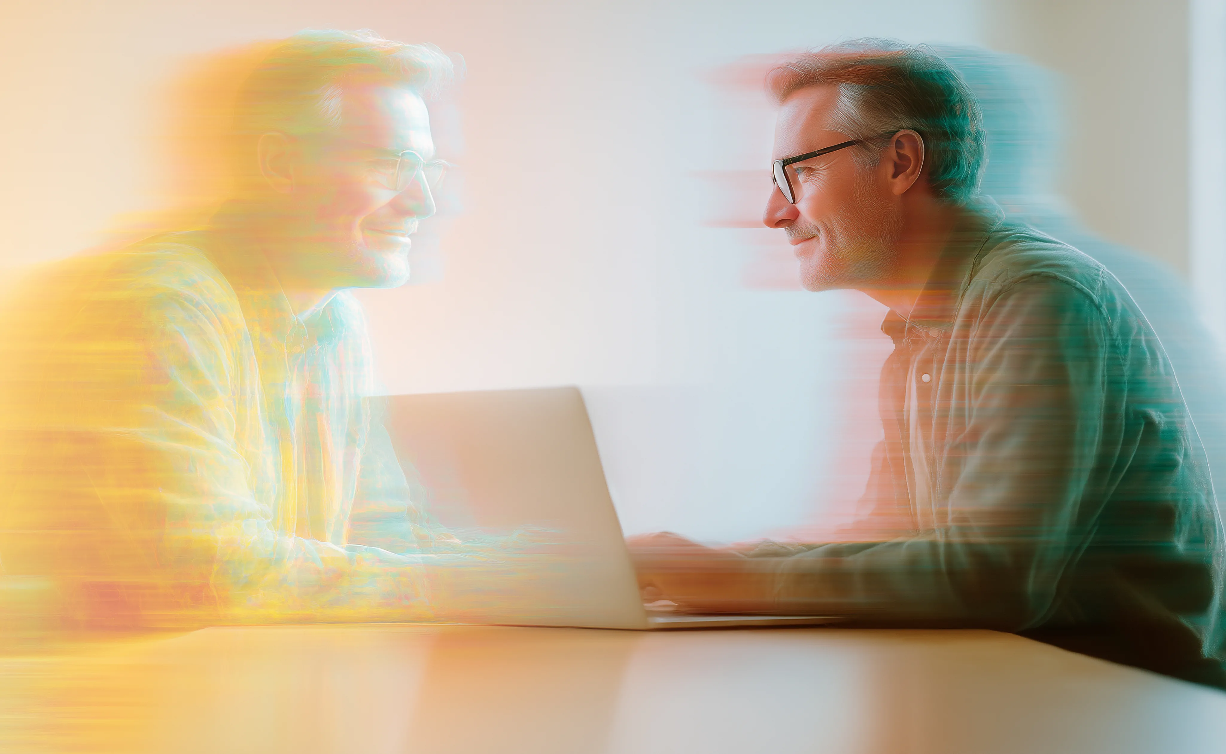 Ein Mann mit Brille sitzt an einem Laptop und blickt seinem digitalen Spiegelbild gegenüber, das durch einen farbigen Glitch-Effekt inszeniert ist.